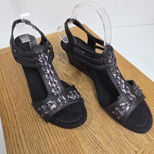 Rhinestone Jeweled Wedge Sandals Womens Size 8M Black T-Strap Slingback Shoes